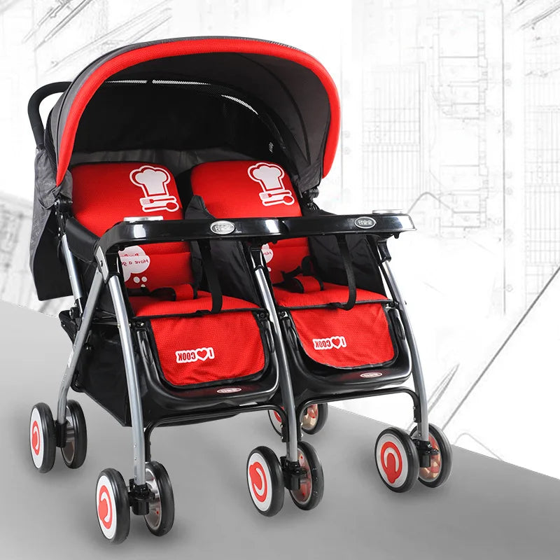 JMT-053450 Double Seat Twins Stroller - Side by Side Baby Pram with Adjustable Canopy and Safety Features