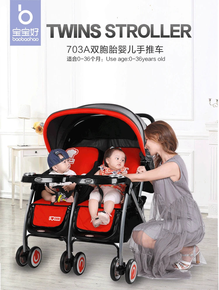 JMT-053450 Double Seat Twins Stroller - Side by Side Baby Pram with Adjustable Canopy and Safety Features