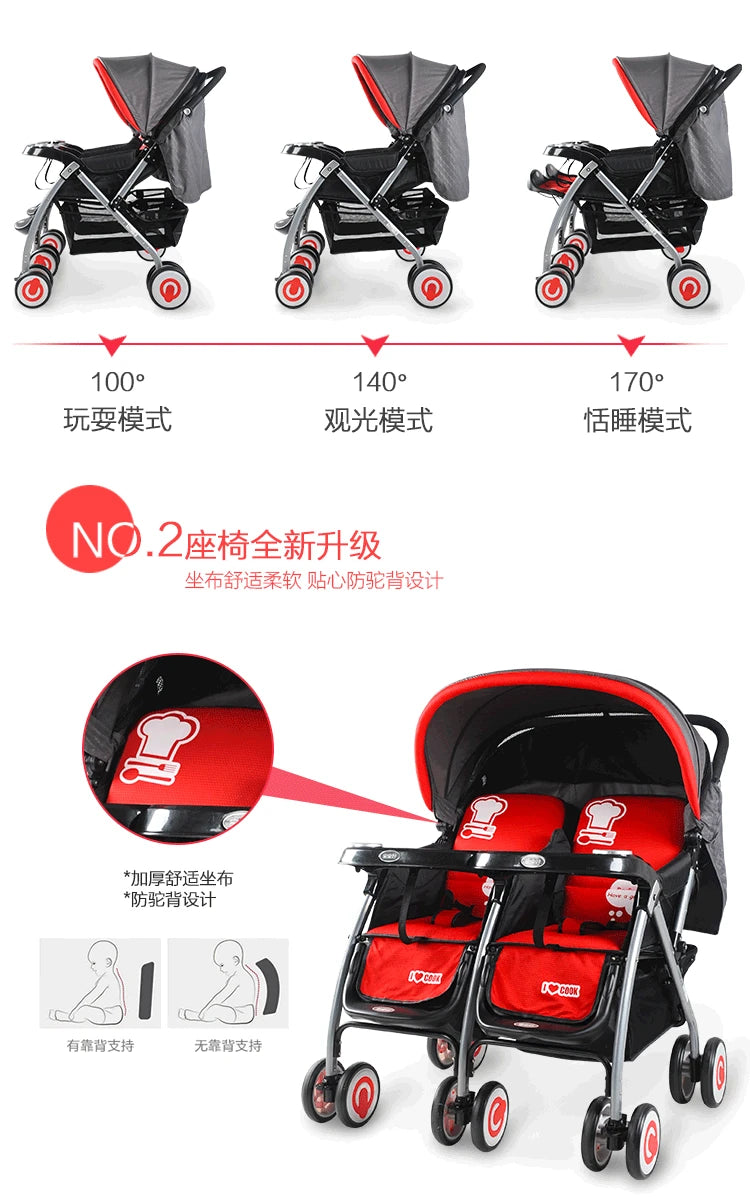 JMT-053450 Double Seat Twins Stroller - Side by Side Baby Pram with Adjustable Canopy and Safety Features