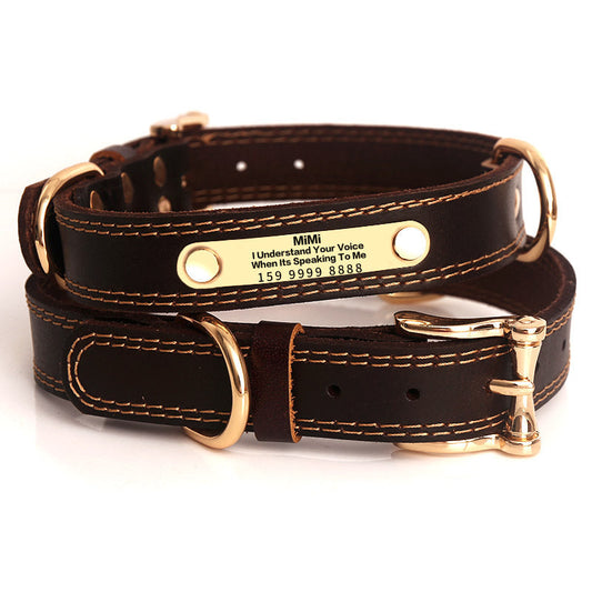 JMT-053770 Genuine Leather Dog Collars with Adjustable Engraved Nameplate for All Breeds
