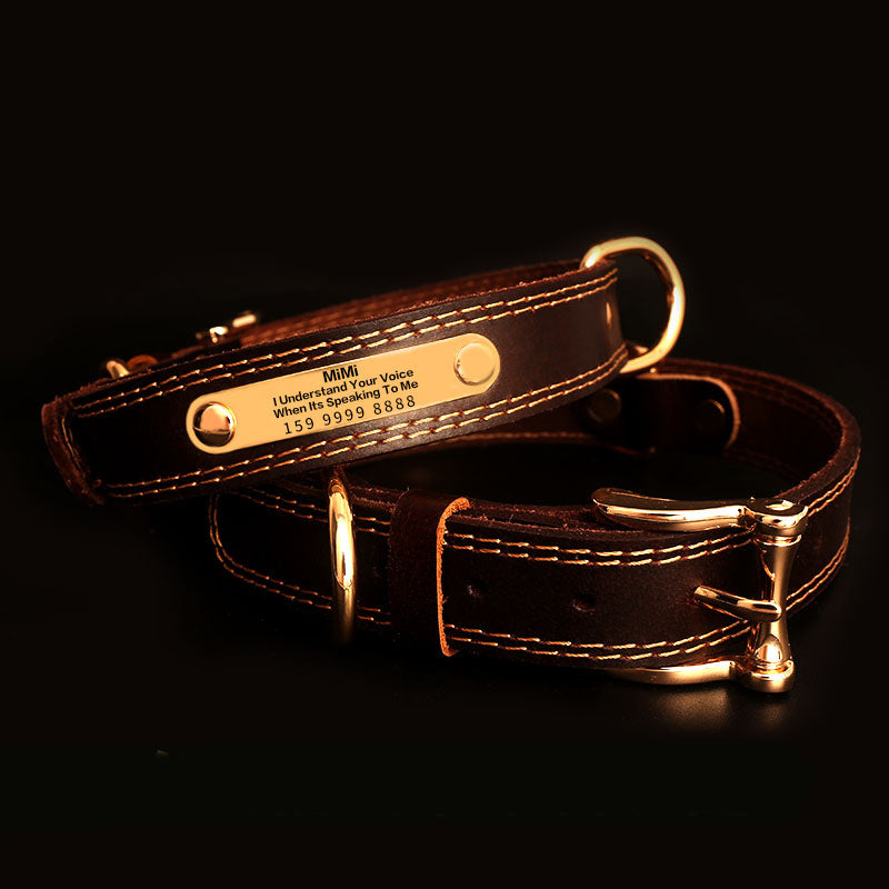 JMT-053770 Genuine Leather Dog Collars with Adjustable Engraved Nameplate for All Breeds