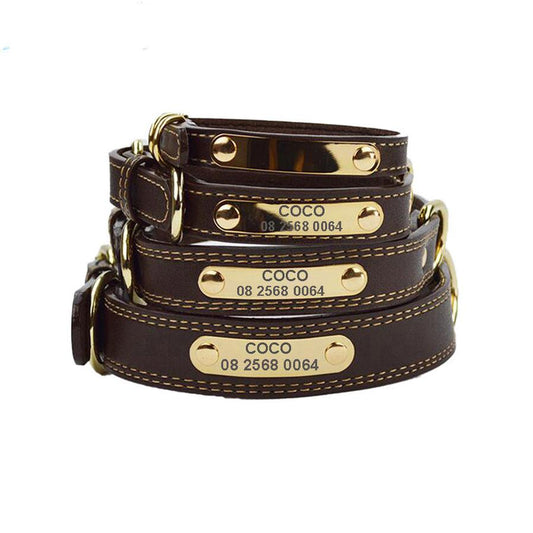 JMT-053770 Genuine Leather Dog Collars with Adjustable Engraved Nameplate for All Breeds