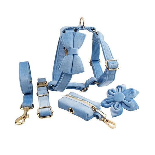 JMT-054602 Velvet Fabric Dog Collar with Accessories - Adjustable Sizes XS to XL, Includes Leash, Bow, Flower, Vest, and Poop Bag