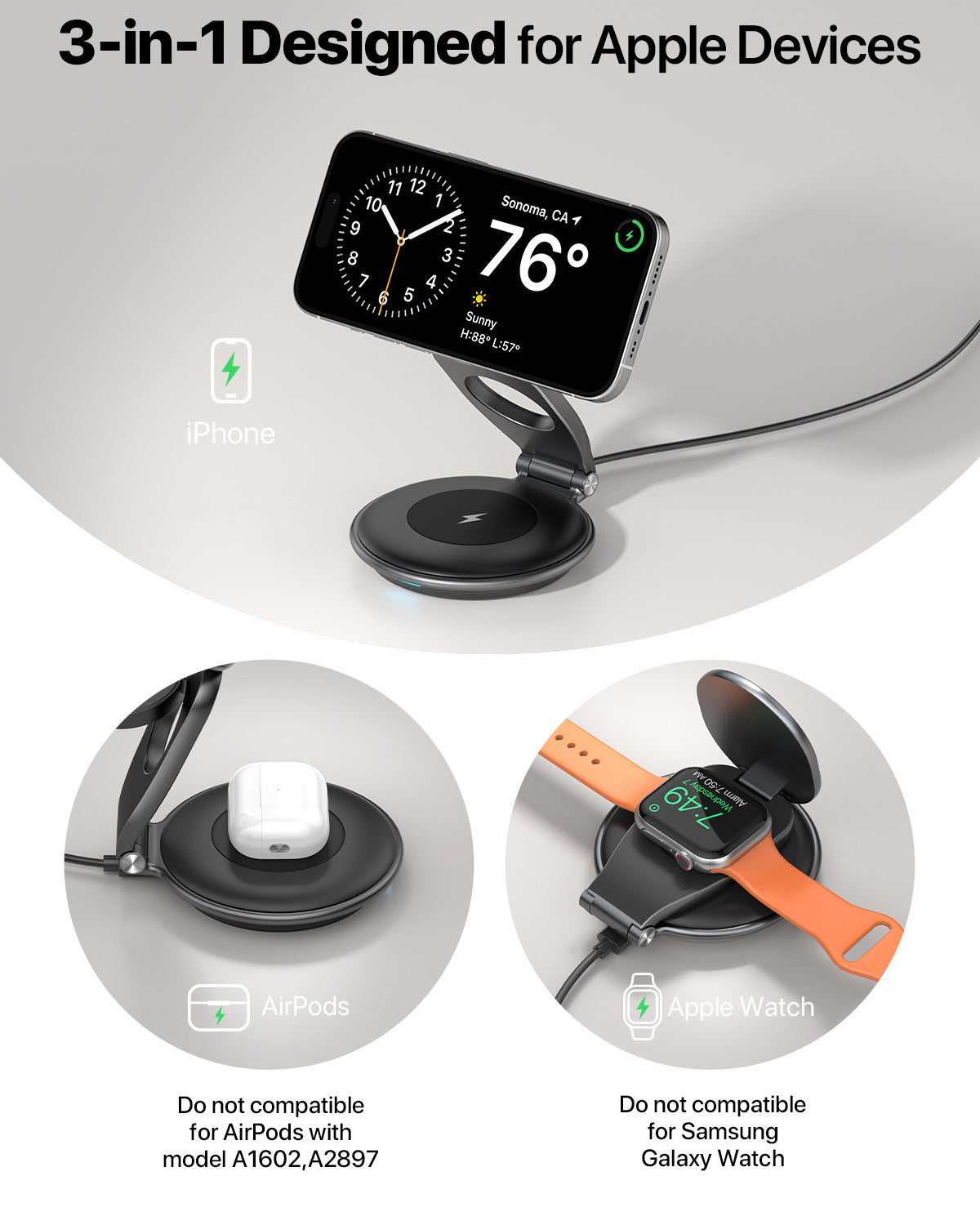 JMT-055114 3-in-1 Wireless Travel Charging Station for iPhone, AirPods, and iWatch with 30W Adapter