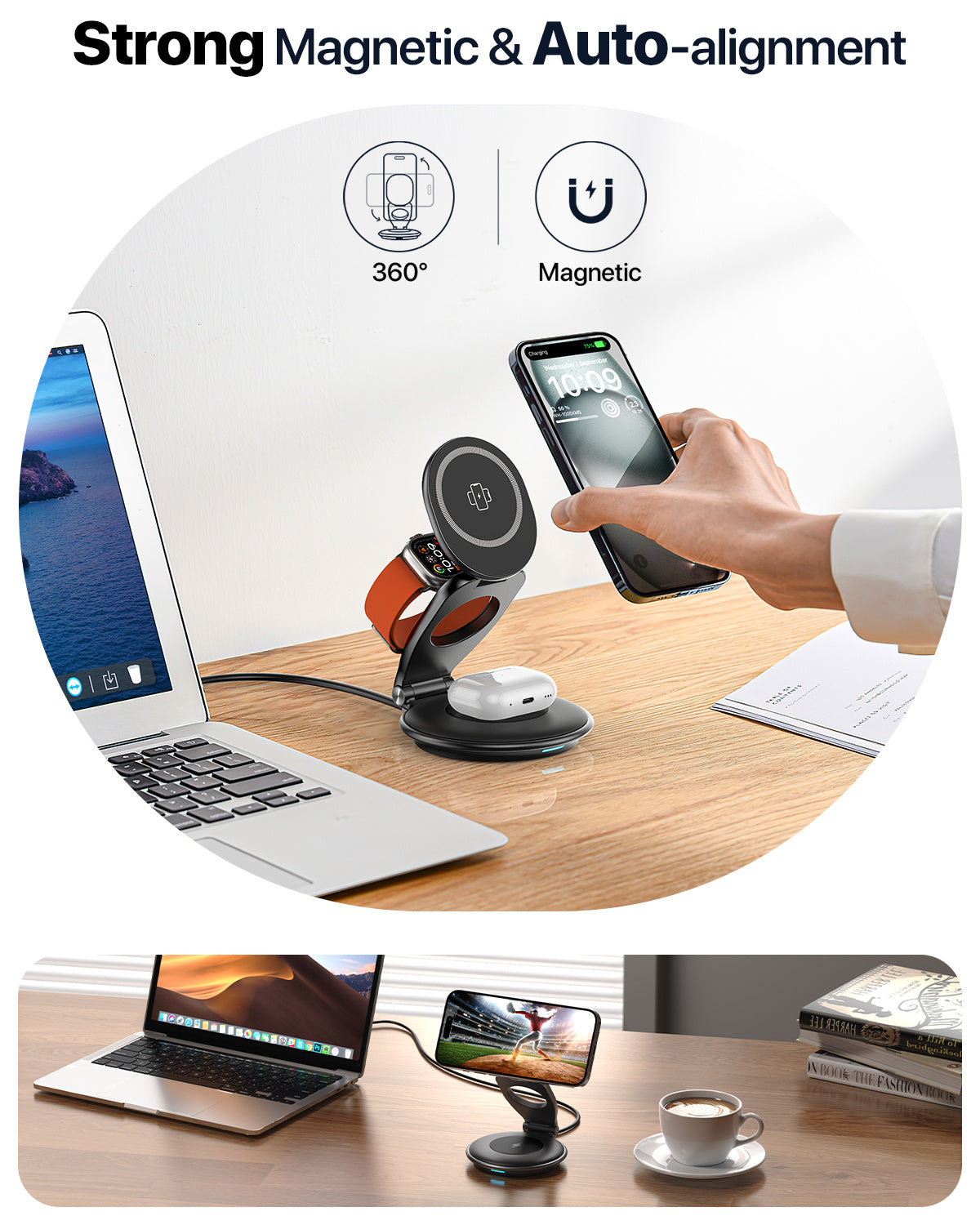 JMT-055114 3-in-1 Wireless Travel Charging Station for iPhone, AirPods, and iWatch with 30W Adapter