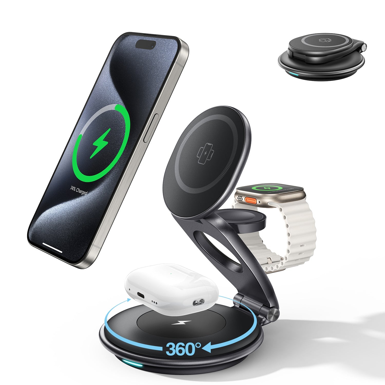 JMT-055114 3-in-1 Wireless Travel Charging Station for iPhone, AirPods, and iWatch with 30W Adapter