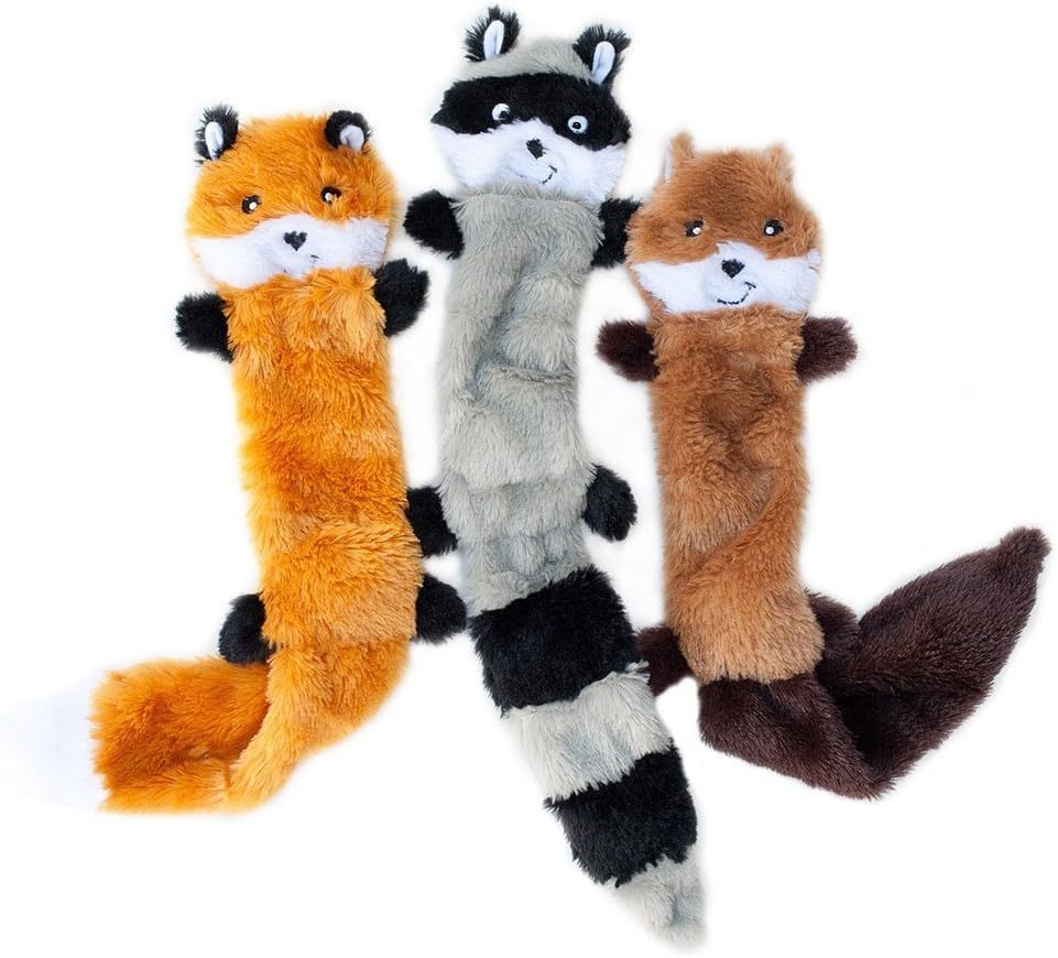 JMT-057546 Unstuffed Squeaky Dog Toys for Small & Medium Breeds - Plush Fox, Raccoon & Squirrel Chew Toys