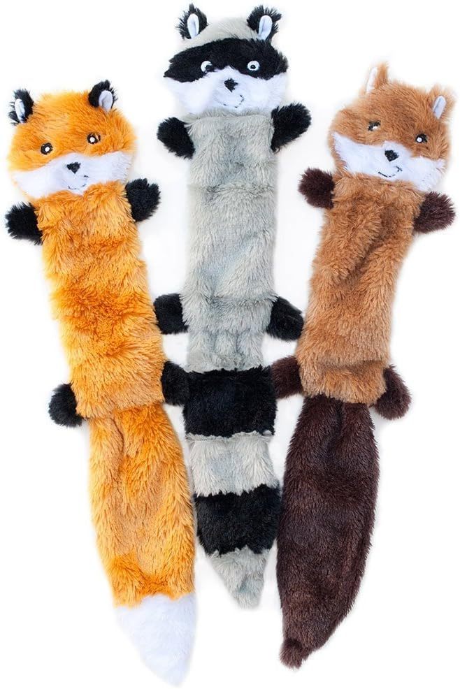 JMT-057546 Unstuffed Squeaky Dog Toys for Small & Medium Breeds - Plush Fox, Raccoon & Squirrel Chew Toys