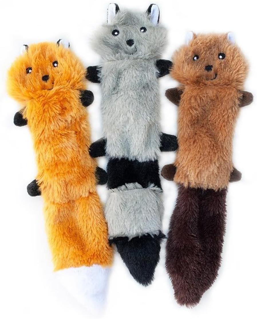 JMT-057546 Unstuffed Squeaky Dog Toys for Small & Medium Breeds - Plush Fox, Raccoon & Squirrel Chew Toys