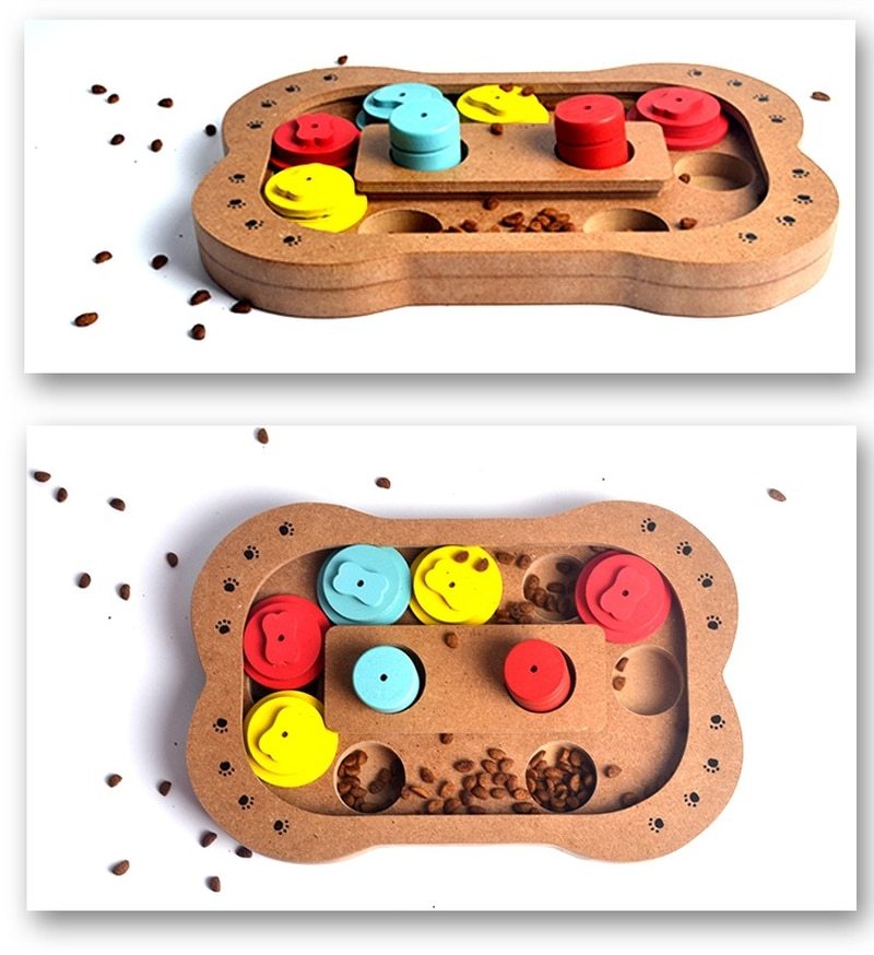 JMT-057866 Multi-Functional Wooden Puzzle Toy for Dogs – Interactive Play & Feeding with Paw and Bone Designs