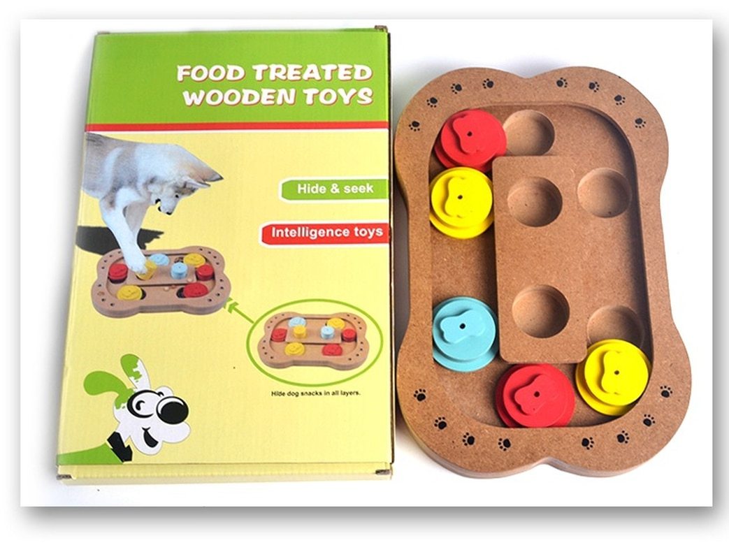 JMT-057866 Multi-Functional Wooden Puzzle Toy for Dogs – Interactive Play & Feeding with Paw and Bone Designs