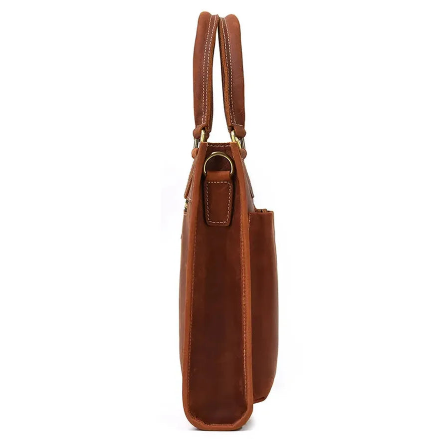 JMT-059274 Genuine Crazy Horse Leather Briefcase Tote for 14" Laptops - Retro Brown Messenger Bag