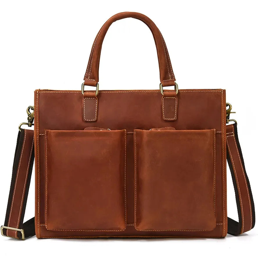 JMT-059274 Genuine Crazy Horse Leather Briefcase Tote for 14" Laptops - Retro Brown Messenger Bag