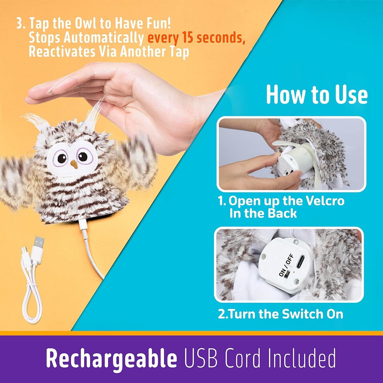 JMT-059850 Rechargeable Automatic Cat Toy - Interactive Owl with Catnip, Flapping Wings & Melodic Sounds for Indoor Play