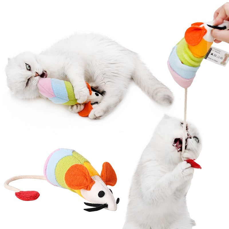 JMT-060170 Rainbow Mouse Plush Cat Toy - Fleece Chew Toy, Bite Resistant, 36x18x6CM