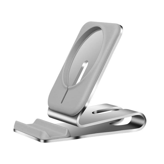 JMT-060874 Magnetic Wireless Charging Desktop Phone Holder for iPhone 12 Series - Silver Silicone & Aluminum Alloy