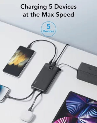 JMT-062346 10000mAh Portable Power Bank with Built-in Cables and LED Display, Charges 5 Devices Simultaneously