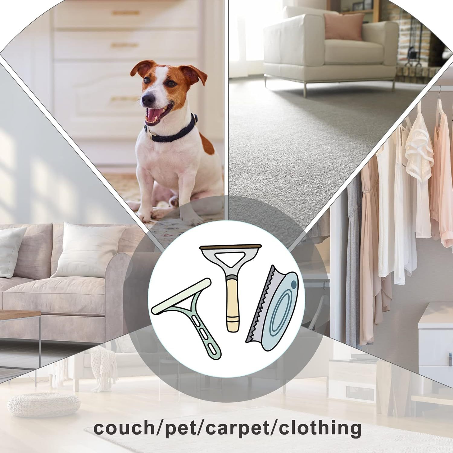 JMT-062410 3-Piece Pet Hair Remover Set - Metal Lint Remover, Double-Sided Silicone Brush, Round Carpet Scraper for Effective Hair Cleaning