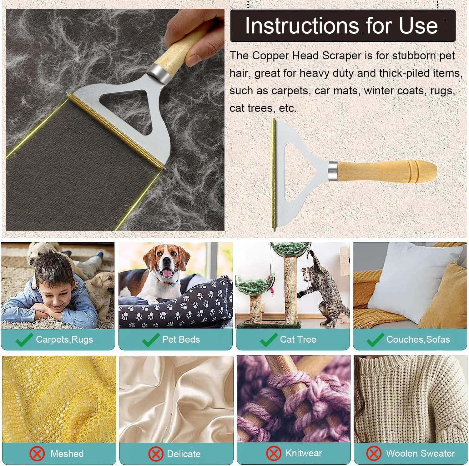 JMT-062410 3-Piece Pet Hair Remover Set - Metal Lint Remover, Double-Sided Silicone Brush, Round Carpet Scraper for Effective Hair Cleaning