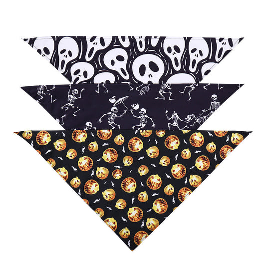 JMT-063946 Halloween Skull Pattern Dog Scarf - Dog Saliva Towel, Triangle Design, Polyester, Size M