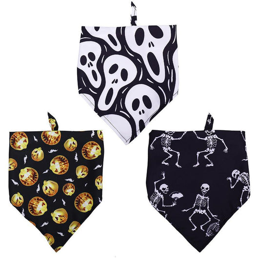 JMT-063946 Halloween Skull Pattern Dog Scarf - Dog Saliva Towel, Triangle Design, Polyester, Size M