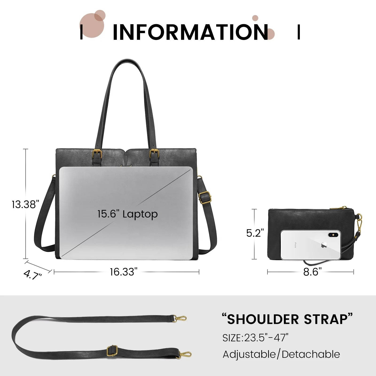 JMT-064202 Large Waterproof PU Leather Tote Bag for Women - Fits 15.6 to 17-Inch Laptops, Ideal for Business and Office Use