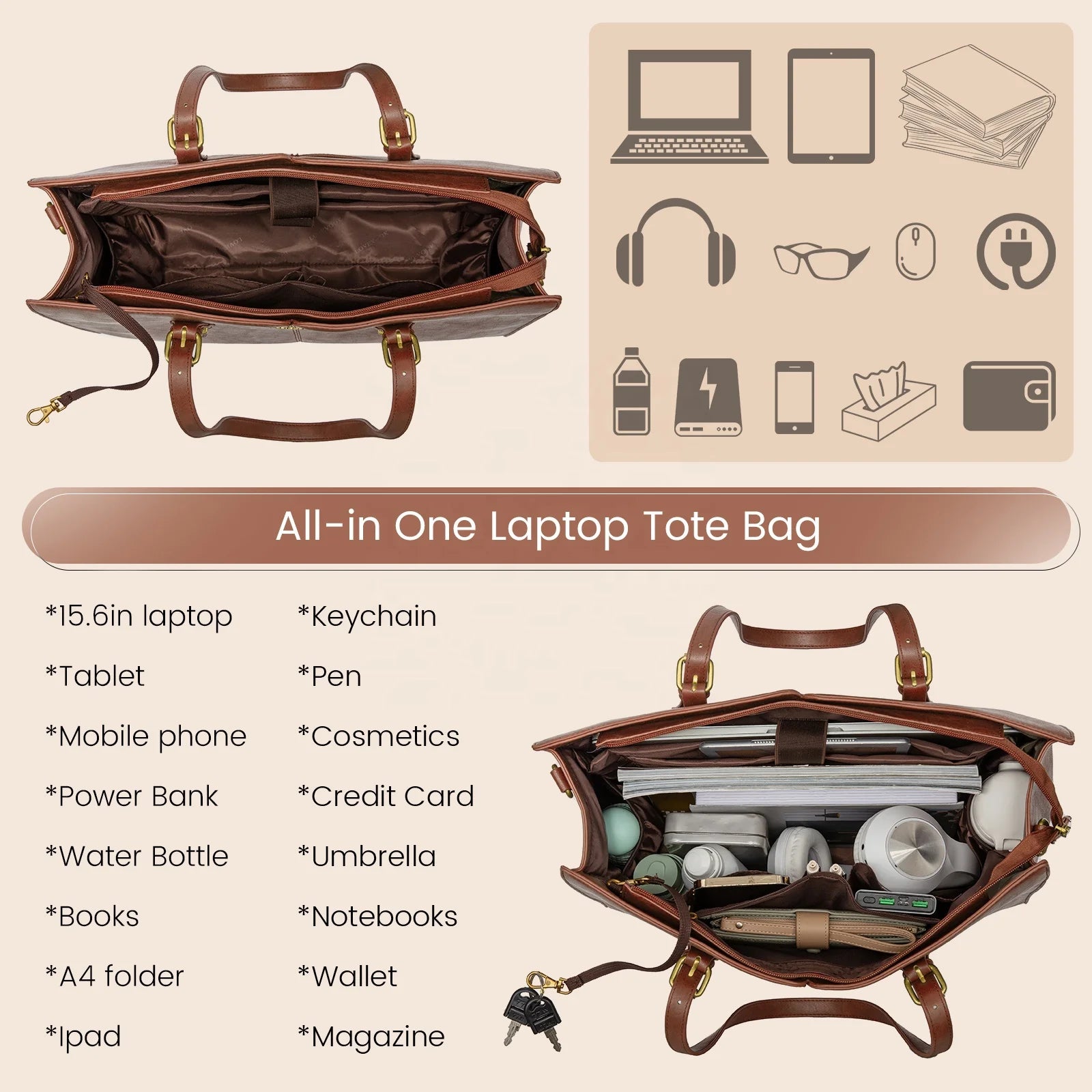 JMT-064202 Large Waterproof PU Leather Tote Bag for Women - Fits 15.6 to 17-Inch Laptops, Ideal for Business and Office Use