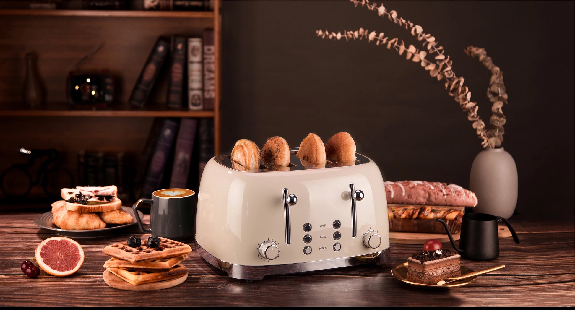 JMT-066442 Stainless Steel 4-Slice Toaster with Self-Centering Function and Woodgrain Knob
