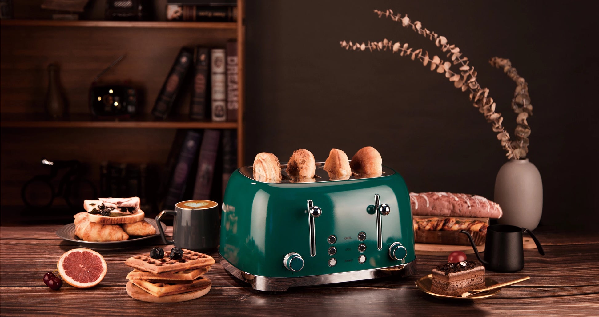 JMT-066442 Stainless Steel 4-Slice Toaster with Self-Centering Function and Woodgrain Knob