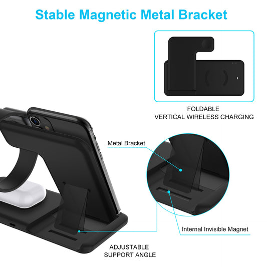 JMT-066634 4-in-1 Wireless Fast Charger for iPhone, Apple Watch, and AirPods - Dual Coils, ABS Material, Black & White