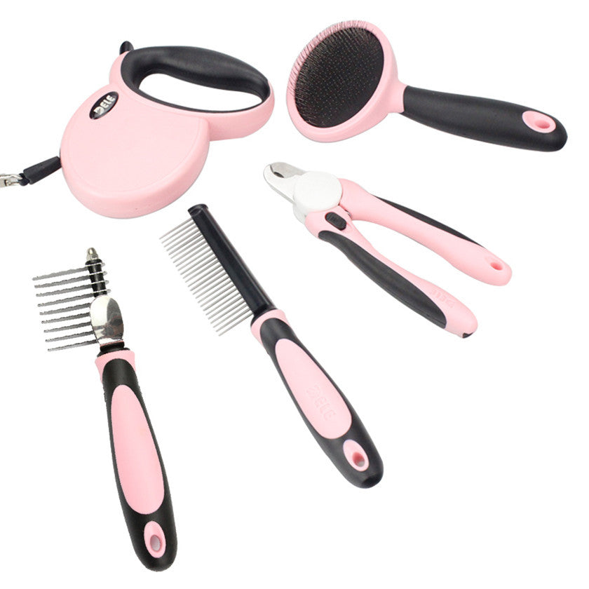 JMT-066762 Five-Piece Pet Grooming Set - Comb, Nail Scissors, Telescopic Traction Rope, and Hair Removal Brush