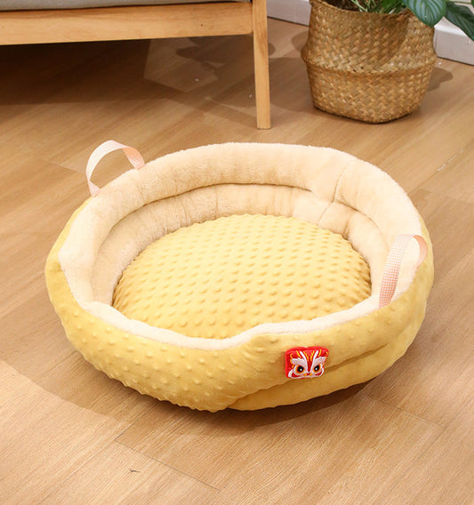 JMT-067082 Portable Round Velvet Pet Bed with Random Plush Doll for Small Dogs and Cats