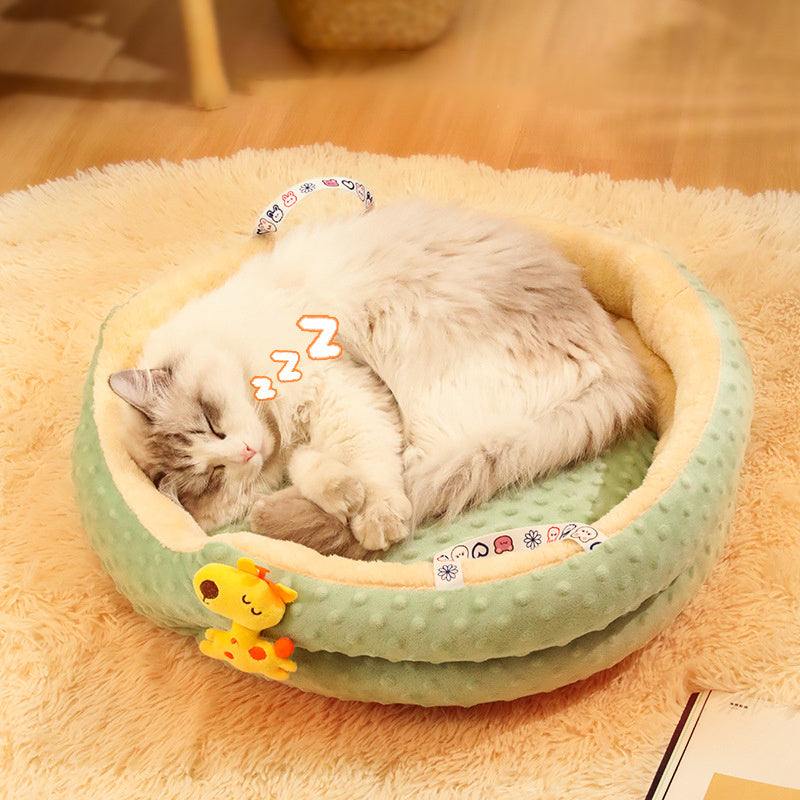 JMT-067082 Portable Round Velvet Pet Bed with Random Plush Doll for Small Dogs and Cats