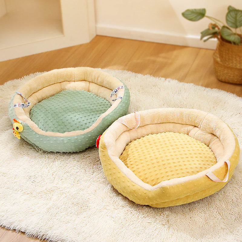 JMT-067082 Portable Round Velvet Pet Bed with Random Plush Doll for Small Dogs and Cats