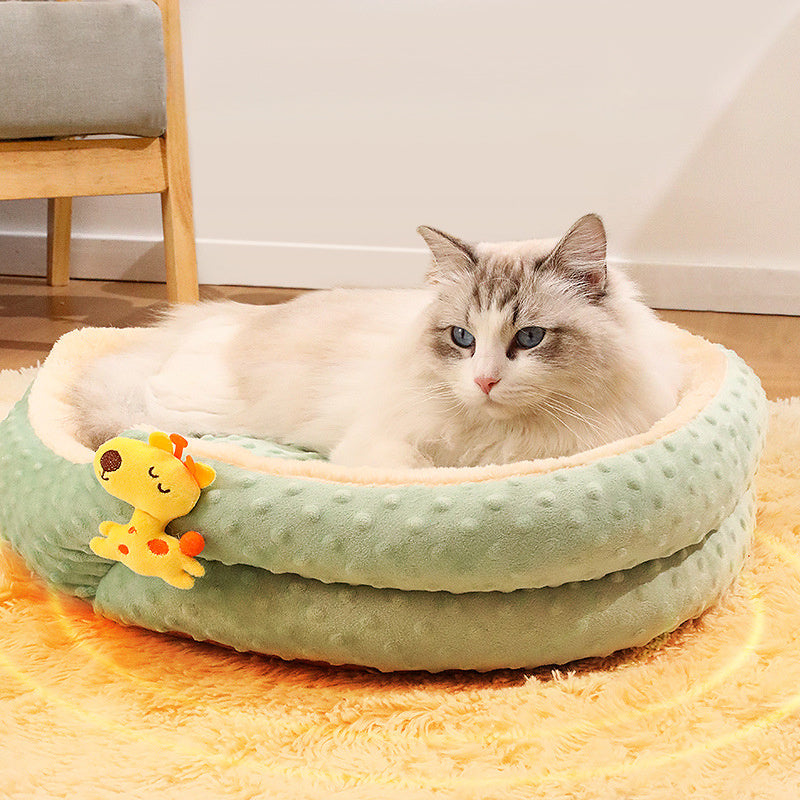 JMT-067082 Portable Round Velvet Pet Bed with Random Plush Doll for Small Dogs and Cats