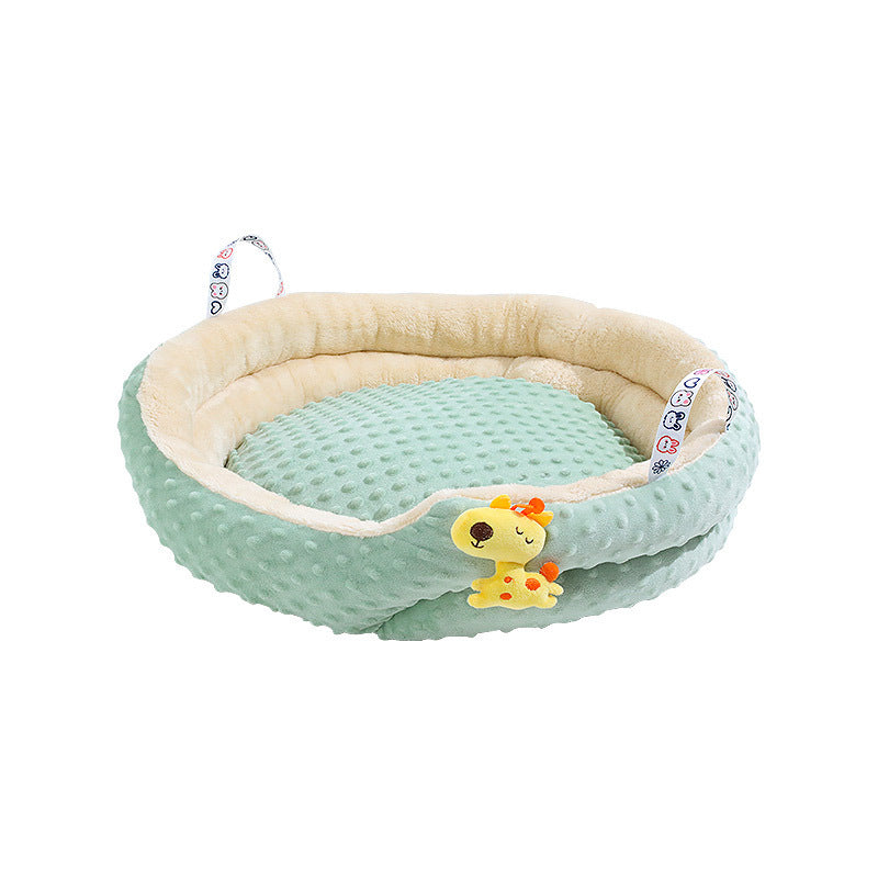 JMT-067082 Portable Round Velvet Pet Bed with Random Plush Doll for Small Dogs and Cats