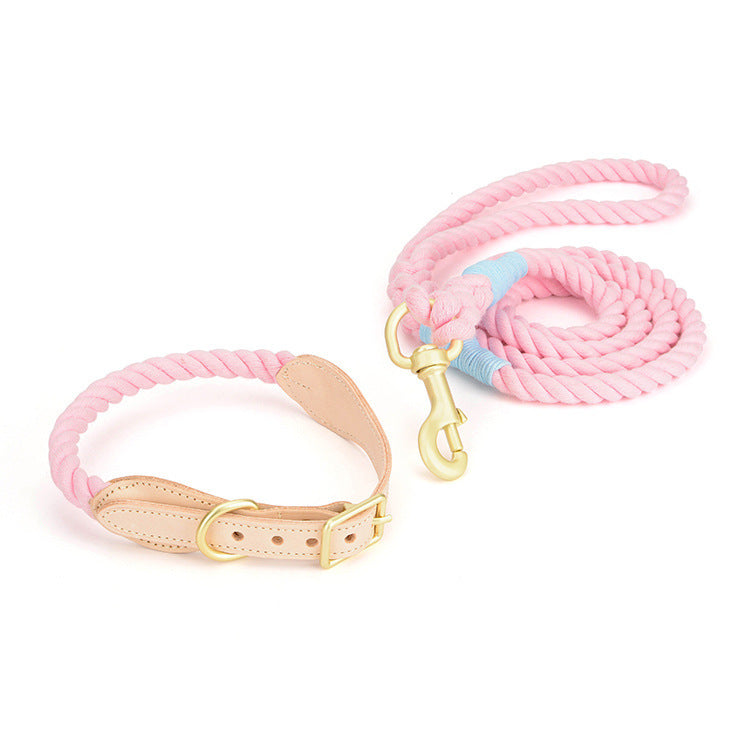 JMT-067274 Cotton Rope Dog Leash with Cowhide Leather Accents - Multiple Sizes Available