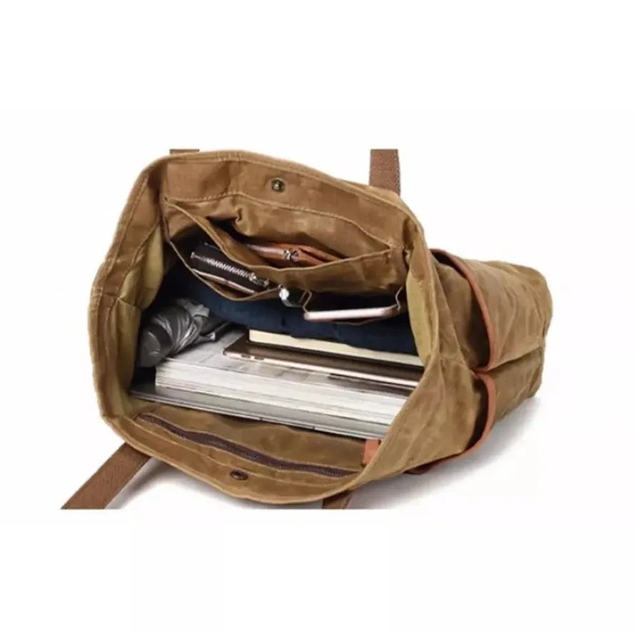 JMT-067466 Vintage Waxed Canvas Large Capacity Shoulder Bag with Leather Accents