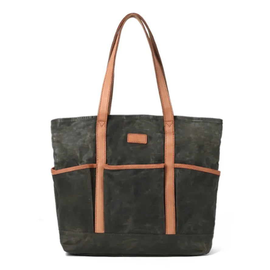 JMT-067466 Vintage Waxed Canvas Large Capacity Shoulder Bag with Leather Accents