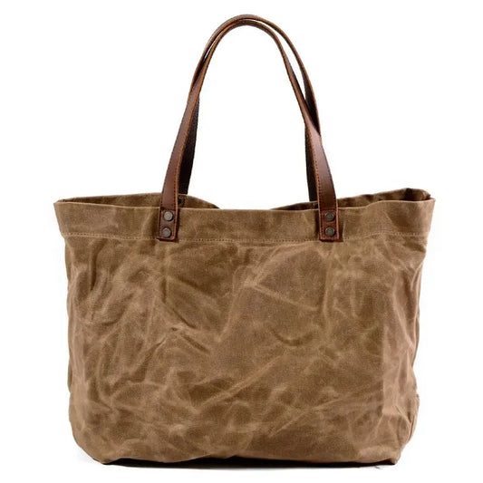 JMT-068618 Waterproof Oil Wax Canvas Shoulder Tote Bag with Cowhide Trimmings, Large Capacity