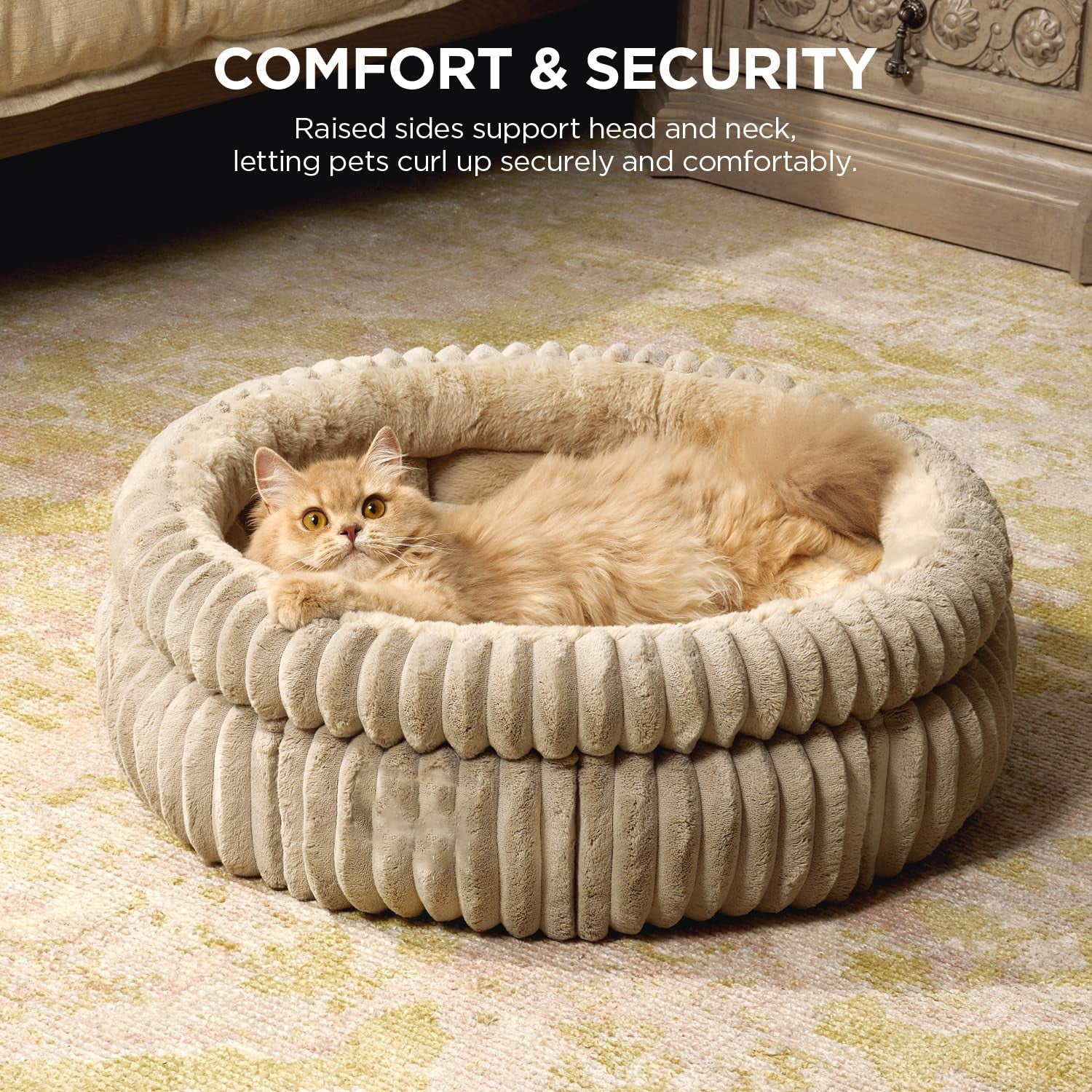 JMT-069386 Super Soft Plush Round Cat Bed with Anti-Slip Bottom, Washable and Comfortable for Indoor Cats and Kittens