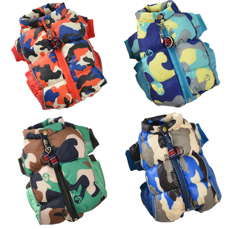 JMT-070154 Cotton Padded Camouflage Dog Jacket for Autumn and Winter, Waterproof and Cold-Proof, Four-Legged Design