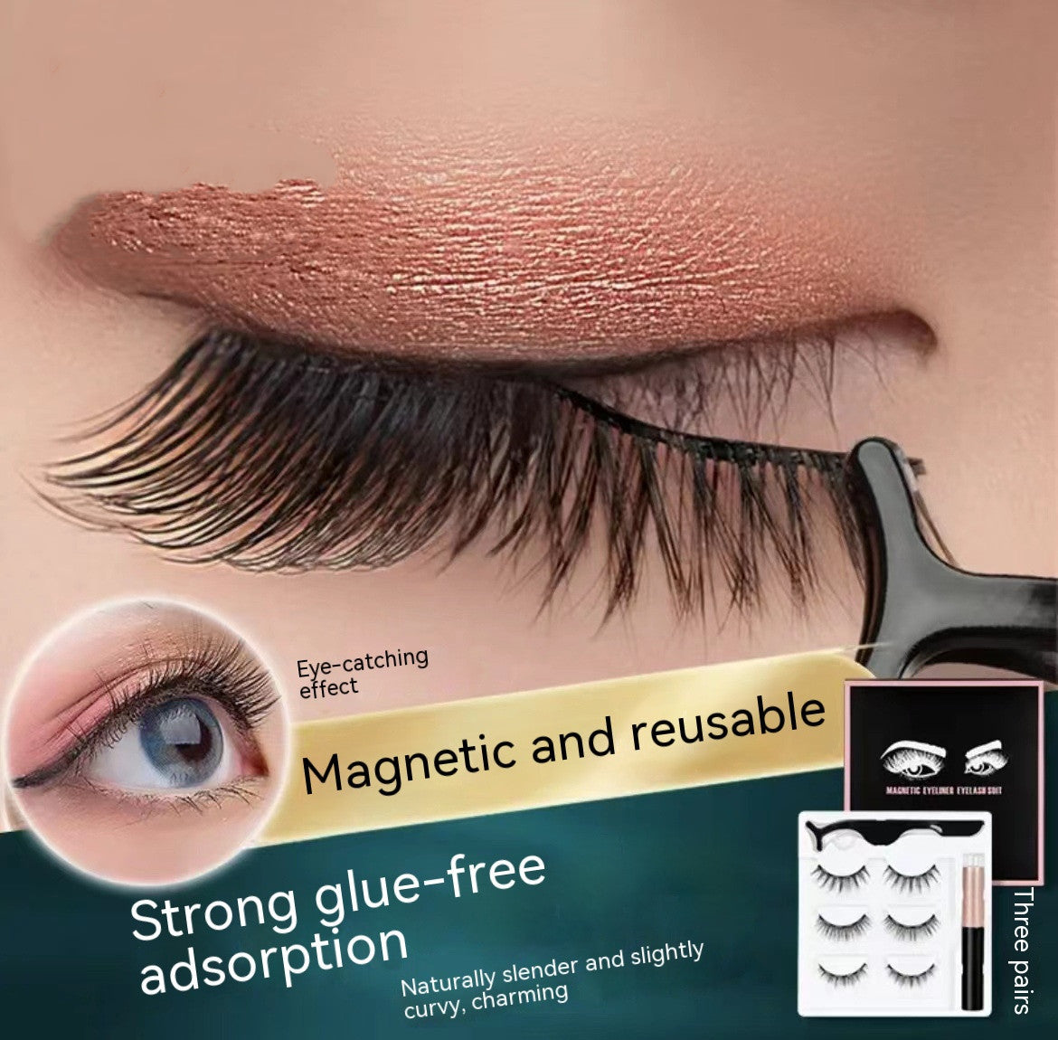 JMT-070346 Magnetic Eyelash Set with Liquid Eyeliner - Five Pairs of Glue-Free Lashes in Various Styles
