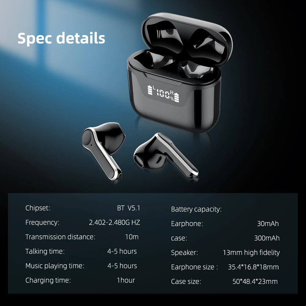 JMT-070410 Wireless Earbuds with LED Battery Display - Bluetooth Earphones for Clear Sound and Comfort