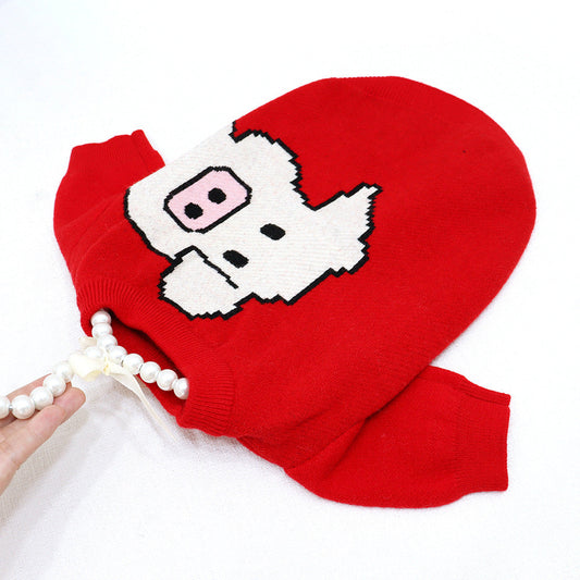 JMT-070858 Pug Dog Sweater in Red - Short Body, Elastic Core, Wool Material