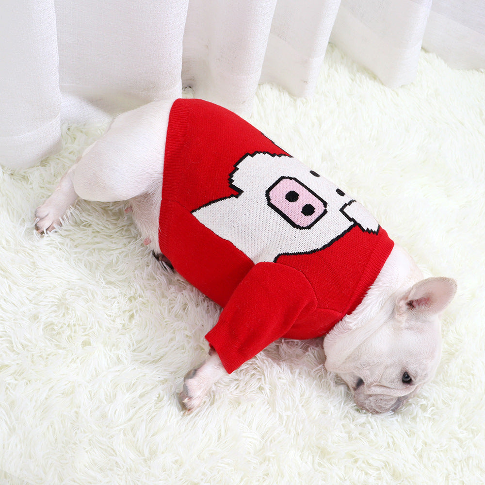 JMT-070858 Pug Dog Sweater in Red - Short Body, Elastic Core, Wool Material