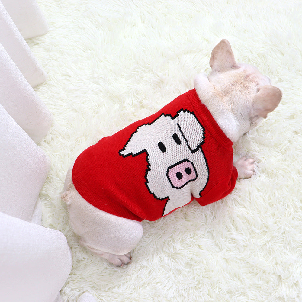 JMT-070858 Pug Dog Sweater in Red - Short Body, Elastic Core, Wool Material