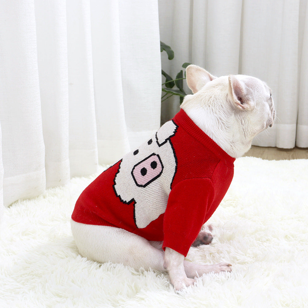 JMT-070858 Pug Dog Sweater in Red - Short Body, Elastic Core, Wool Material
