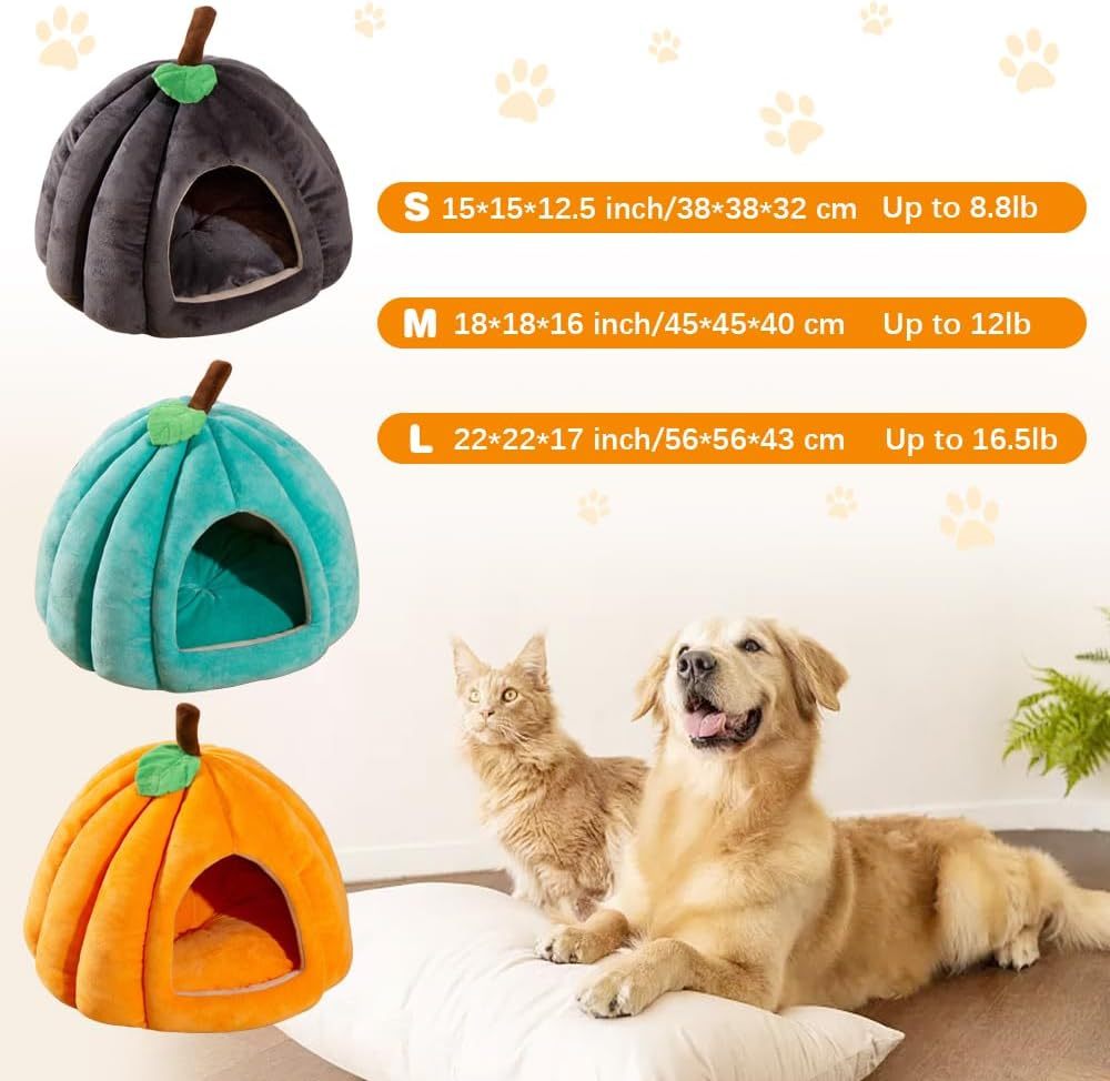 JMT-071242 Cozy Pumpkin-Shaped Cat Cave Bed for Indoor Cats and Small Dogs - Warm, Plush, and Removable Washing Mat