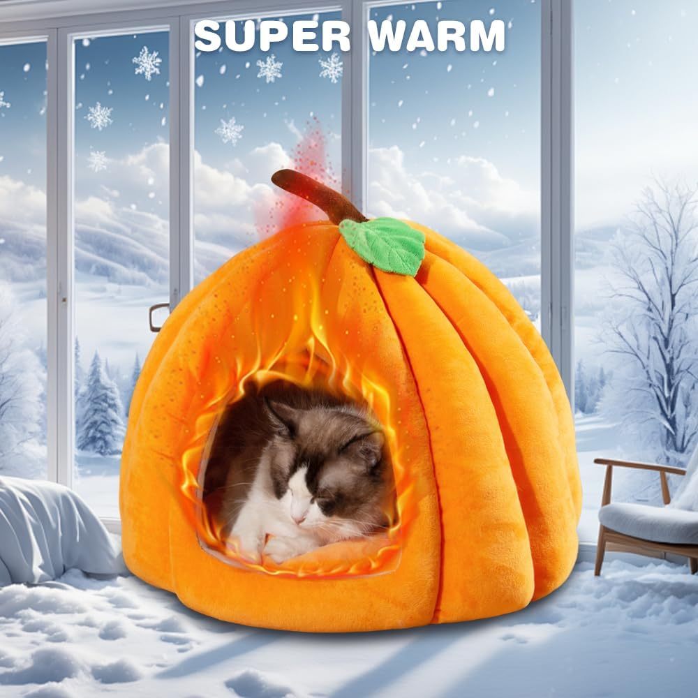 JMT-071242 Cozy Pumpkin-Shaped Cat Cave Bed for Indoor Cats and Small Dogs - Warm, Plush, and Removable Washing Mat